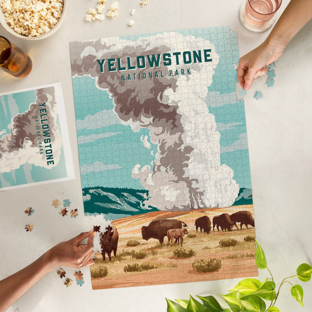 Yellowstone National Park, Wyoming, Painterly, Bison and Geyser, Jigsaw Puzzle Puzzle Lantern Press 
