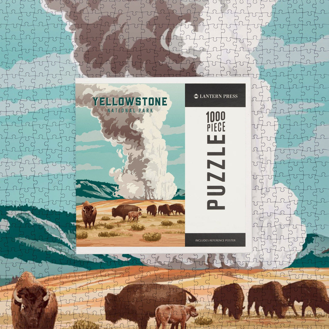 Yellowstone National Park, Wyoming, Painterly, Bison and Geyser, Jigsaw Puzzle Puzzle Lantern Press 