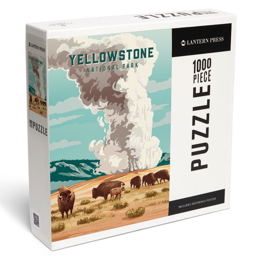 Yellowstone National Park, Wyoming, Painterly National Park Series, Bison and Geyser, Jigsaw Puzzle Puzzle Lantern Press 