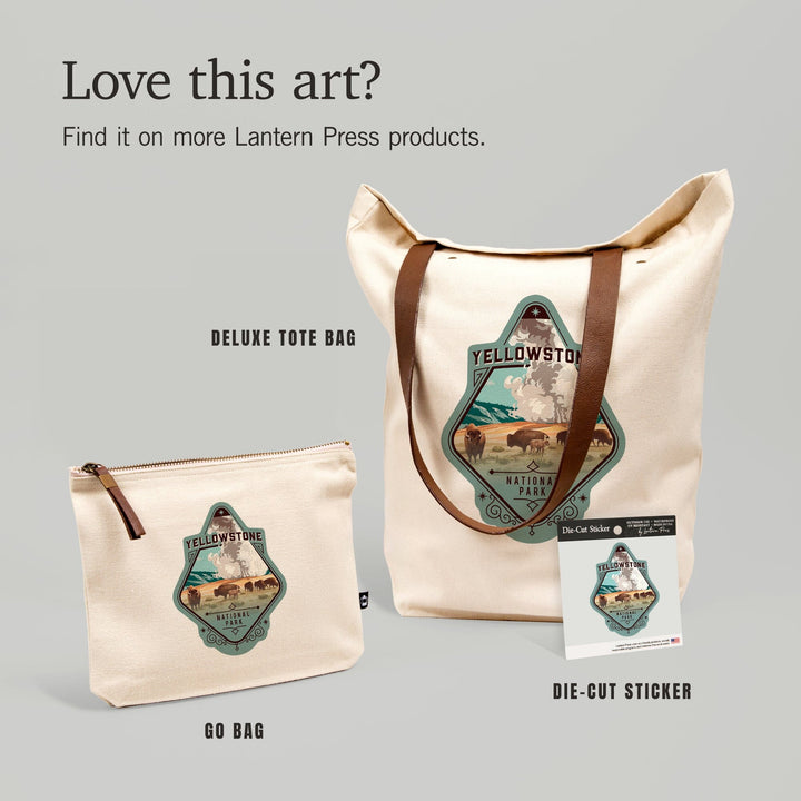 Yellowstone National Park, Wyoming, Painterly National Park Series, Bison and Geyser,, Organic Cotton Zipper Pouch, Go Bag Go Bag Lantern Press 