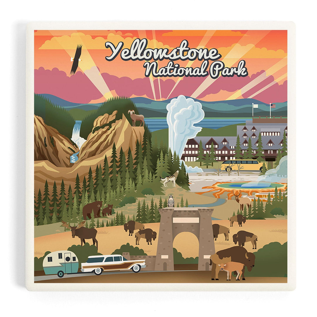 Yellowstone National Park, Wyoming, Retro View, Coasters Coasters Lantern Press 