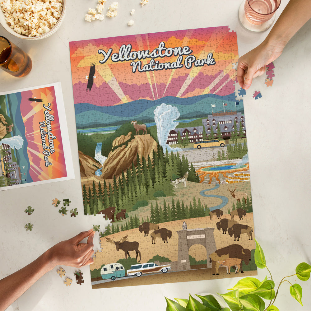 Yellowstone National Park, Wyoming, Retro View, Jigsaw Puzzle Puzzle Lantern Press 