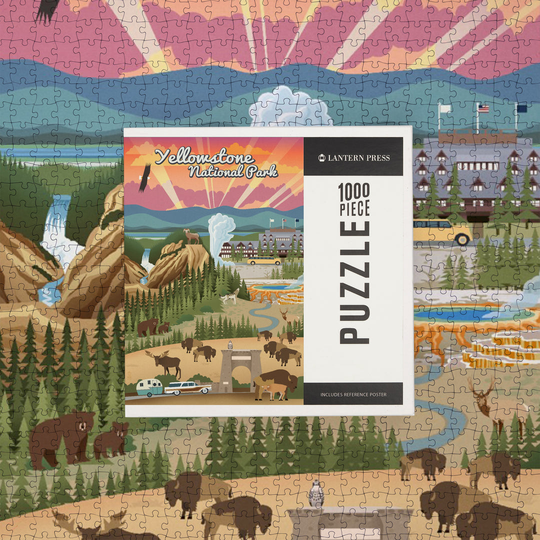 Yellowstone National Park, Wyoming, Retro View, Jigsaw Puzzle Puzzle Lantern Press 