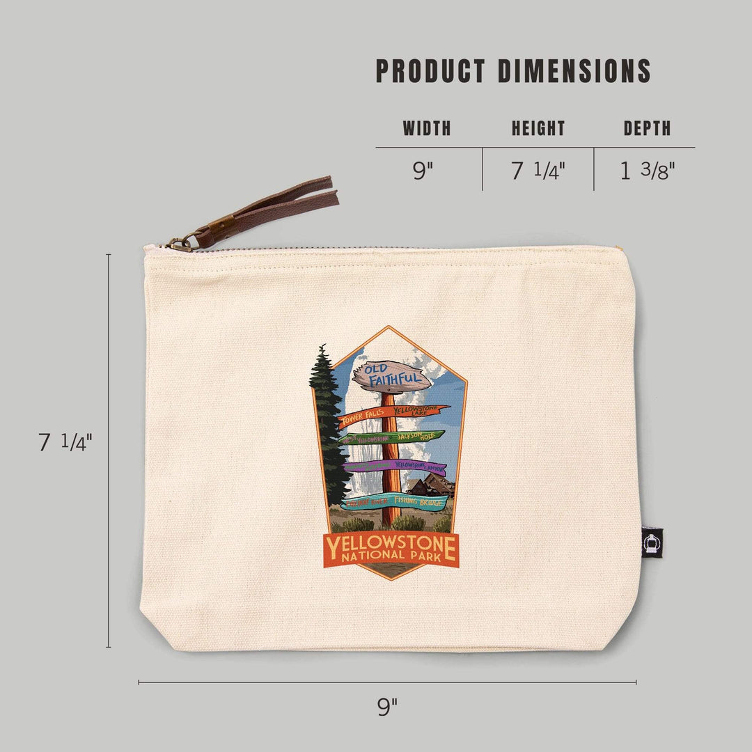 Yellowstone National Park, Wyoming, Signpost,, Organic Cotton Zipper Pouch, Go Bag Go Bag Lantern Press 