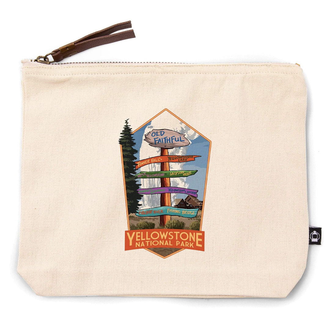 Yellowstone National Park, Wyoming, Signpost,, Organic Cotton Zipper Pouch, Go Bag Go Bag Lantern Press 