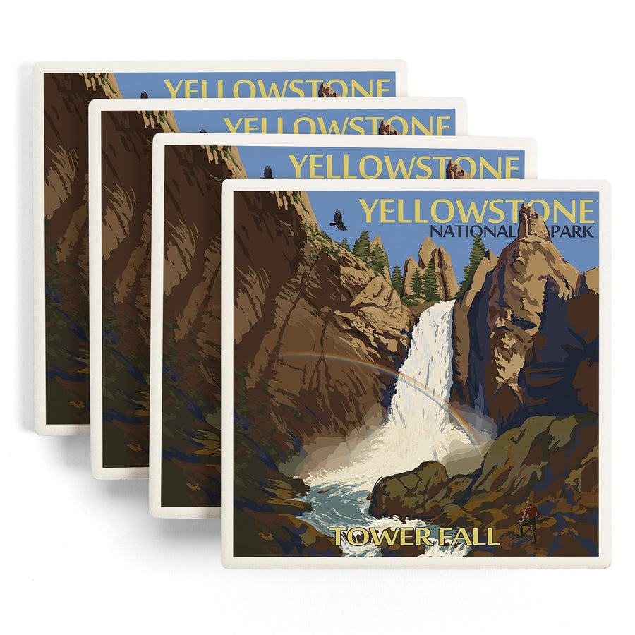 Yellowstone National Park, Wyoming, Tower Fall, Lantern Press Artwork, Coaster Set Coasters Lantern Press 