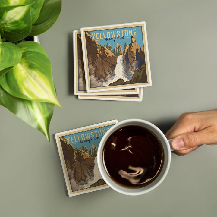 Yellowstone National Park, Wyoming, Tower Falls, Lithograph National Park Series, Coasters Coasters Lantern Press 