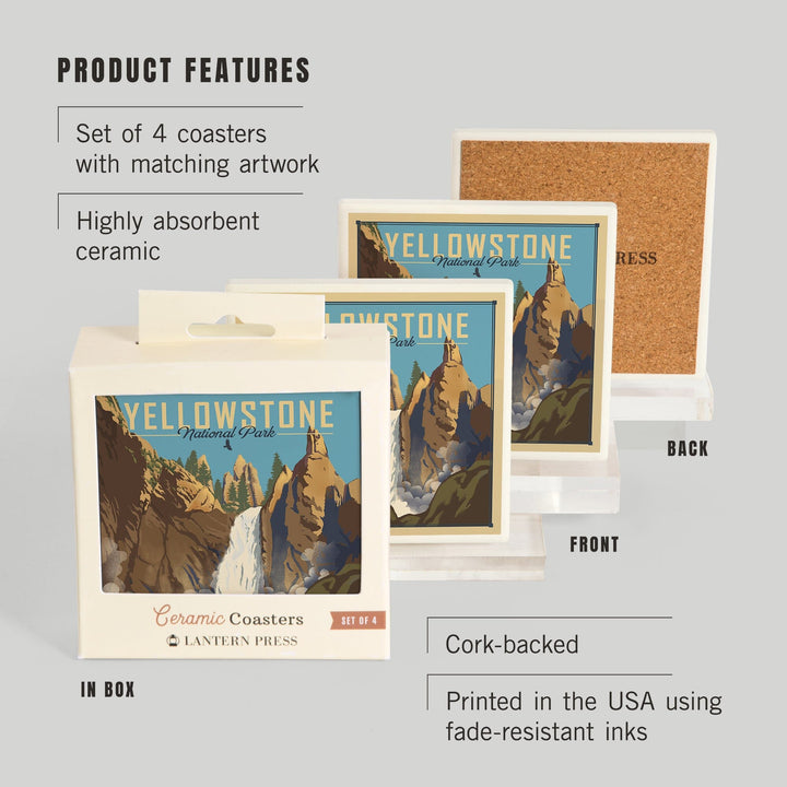 Yellowstone National Park, Wyoming, Tower Falls, Lithograph National Park Series, Coasters Coasters Lantern Press 