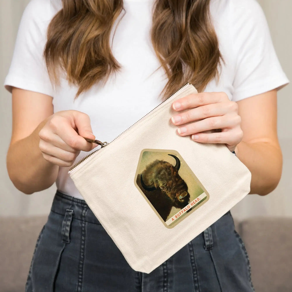 Yellowstone National Park, Wyoming, View of a Buffalo Head,, Organic Cotton Zipper Pouch, Go Bag Go Bag Lantern Press 