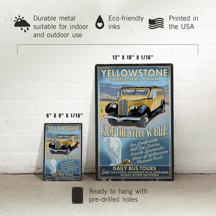 Yellowstone National Park, Wyoming, Vintage Sign, Yellow Bus, Metal Signs Metal Lantern Press 