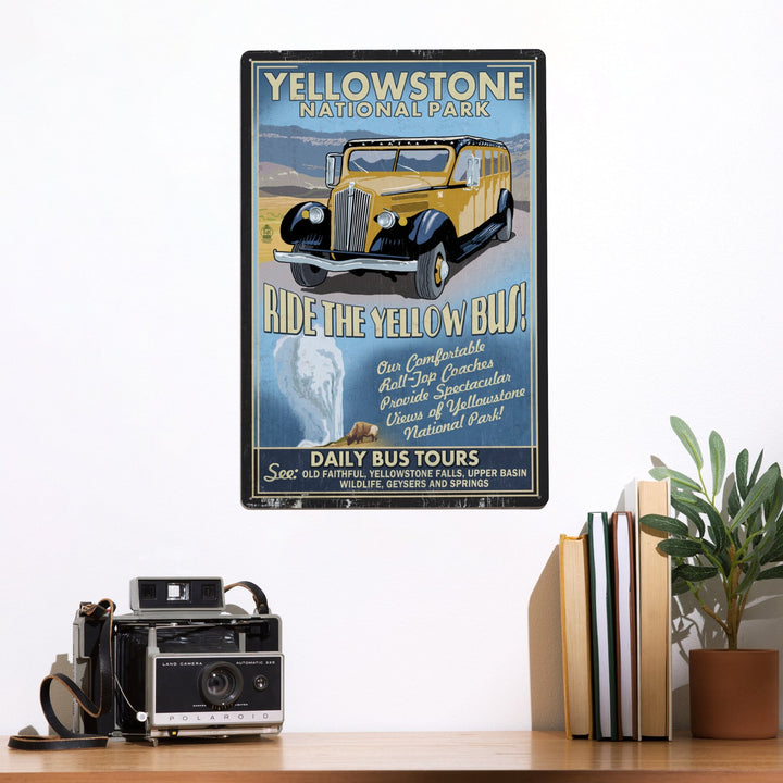 Yellowstone National Park, Wyoming, Vintage Sign, Yellow Bus, Metal Signs Metal Lantern Press 