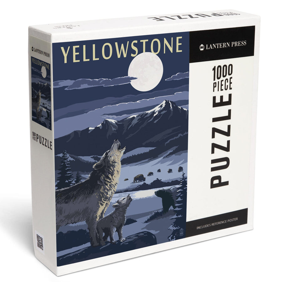 Yellowstone National Park, Wyoming, Wolves and Full Moon, Jigsaw Puzzle Puzzle Lantern Press 