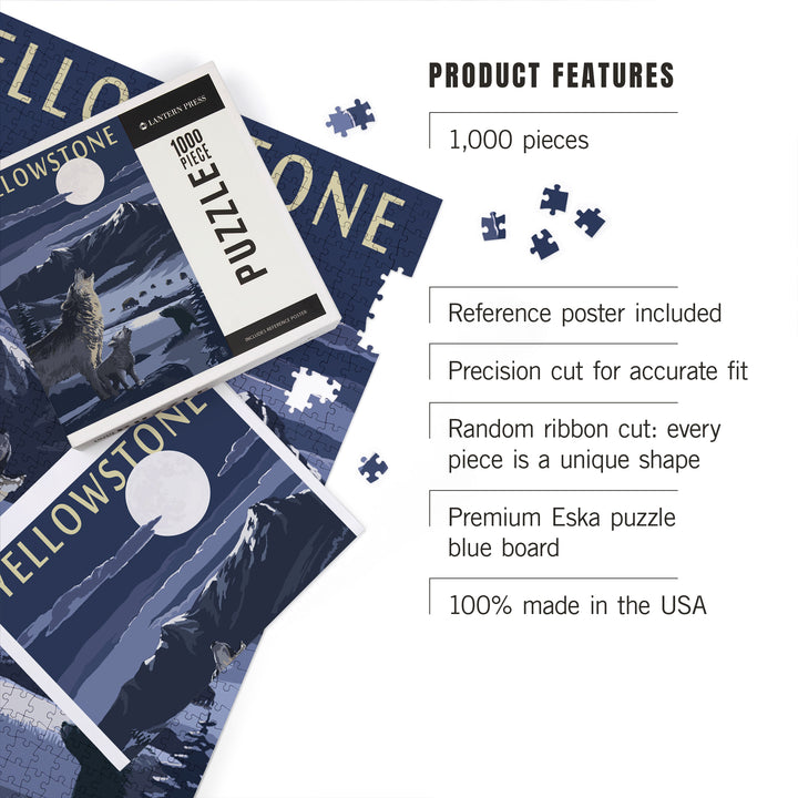 Yellowstone National Park, Wyoming, Wolves and Full Moon, Jigsaw Puzzle Puzzle Lantern Press 