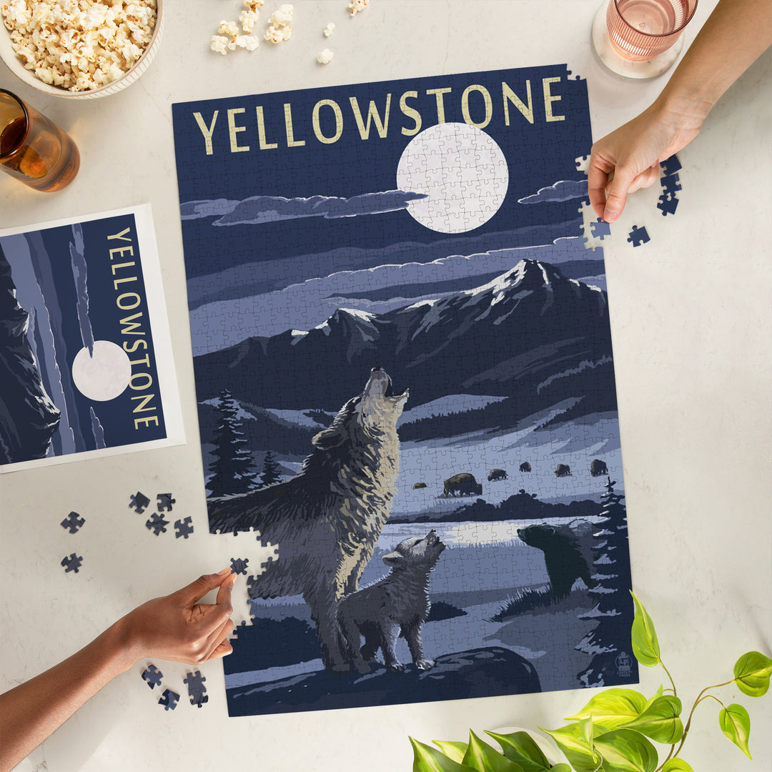 Yellowstone National Park, Wyoming, Wolves and Full Moon, Jigsaw Puzzle Puzzle Lantern Press 