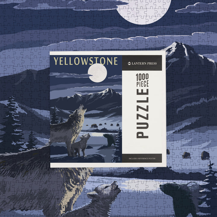 Yellowstone National Park, Wyoming, Wolves and Full Moon, Jigsaw Puzzle Puzzle Lantern Press 