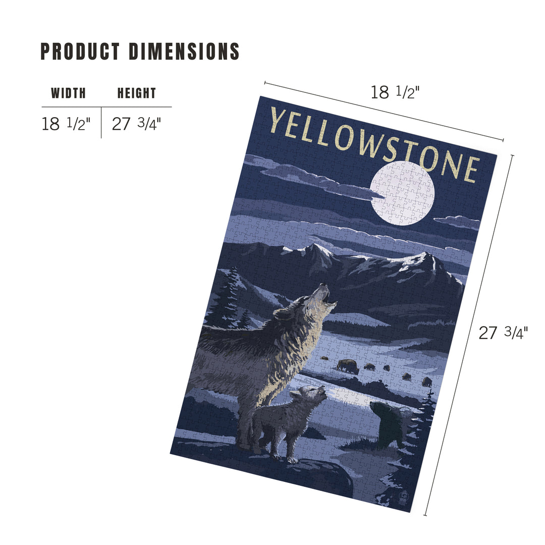 Yellowstone National Park, Wyoming, Wolves and Full Moon, Jigsaw Puzzle Puzzle Lantern Press 