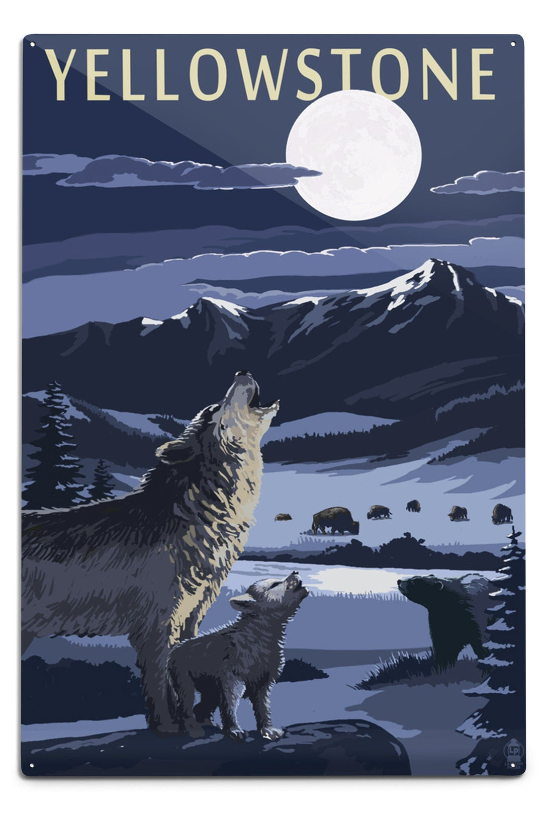 Yellowstone National Park, Wyoming, Wolves and Full Moon, Metal Signs Metal Lantern Press 12x18 Metal Sign 