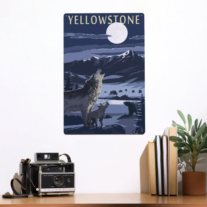 Yellowstone National Park, Wyoming, Wolves and Full Moon, Metal Signs Metal Lantern Press 