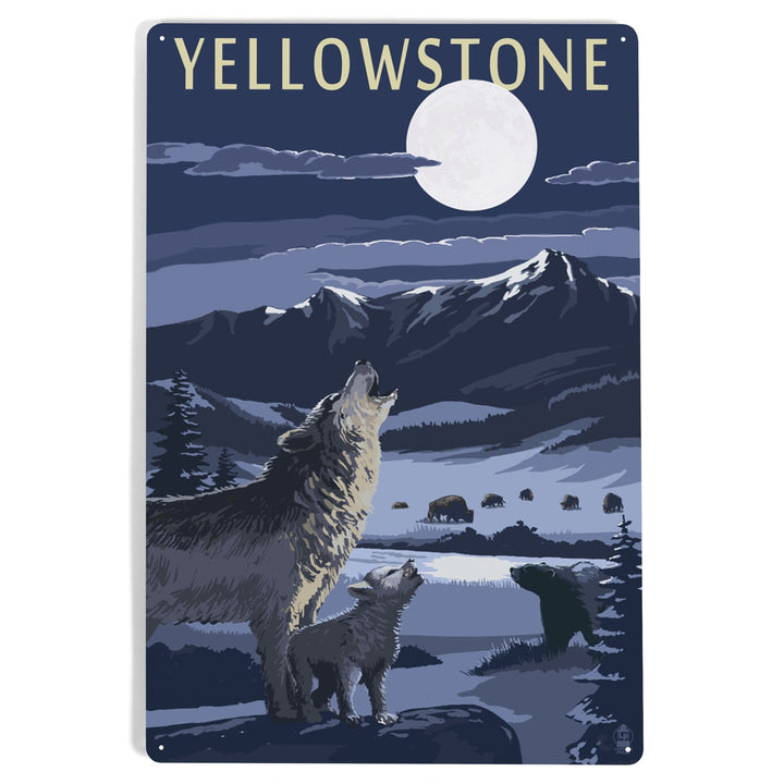 Yellowstone National Park, Wyoming, Wolves and Full Moon, Metal Signs Metal Lantern Press 