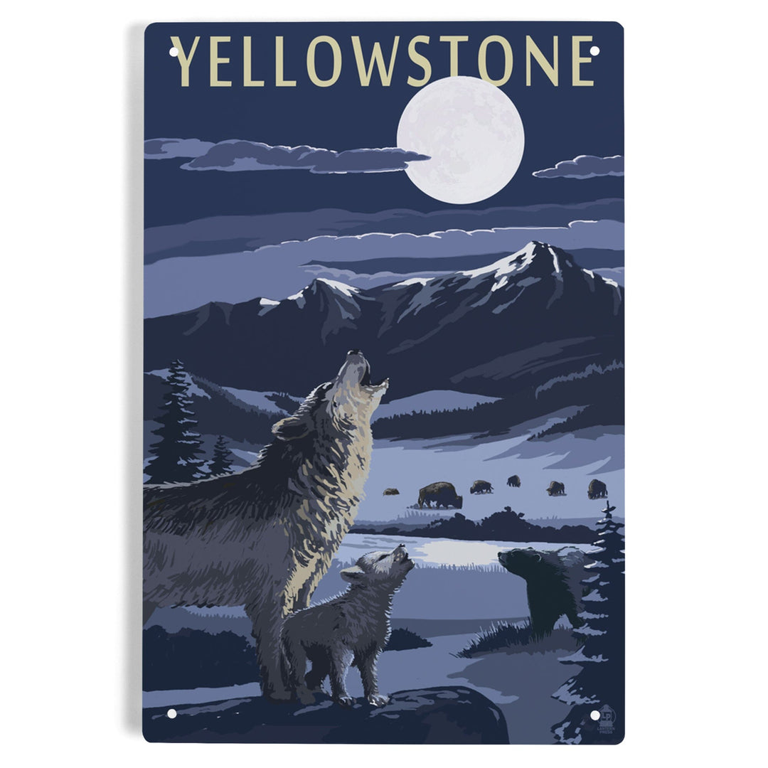 Yellowstone National Park, Wyoming, Wolves and Full Moon, Metal Signs Metal Lantern Press 