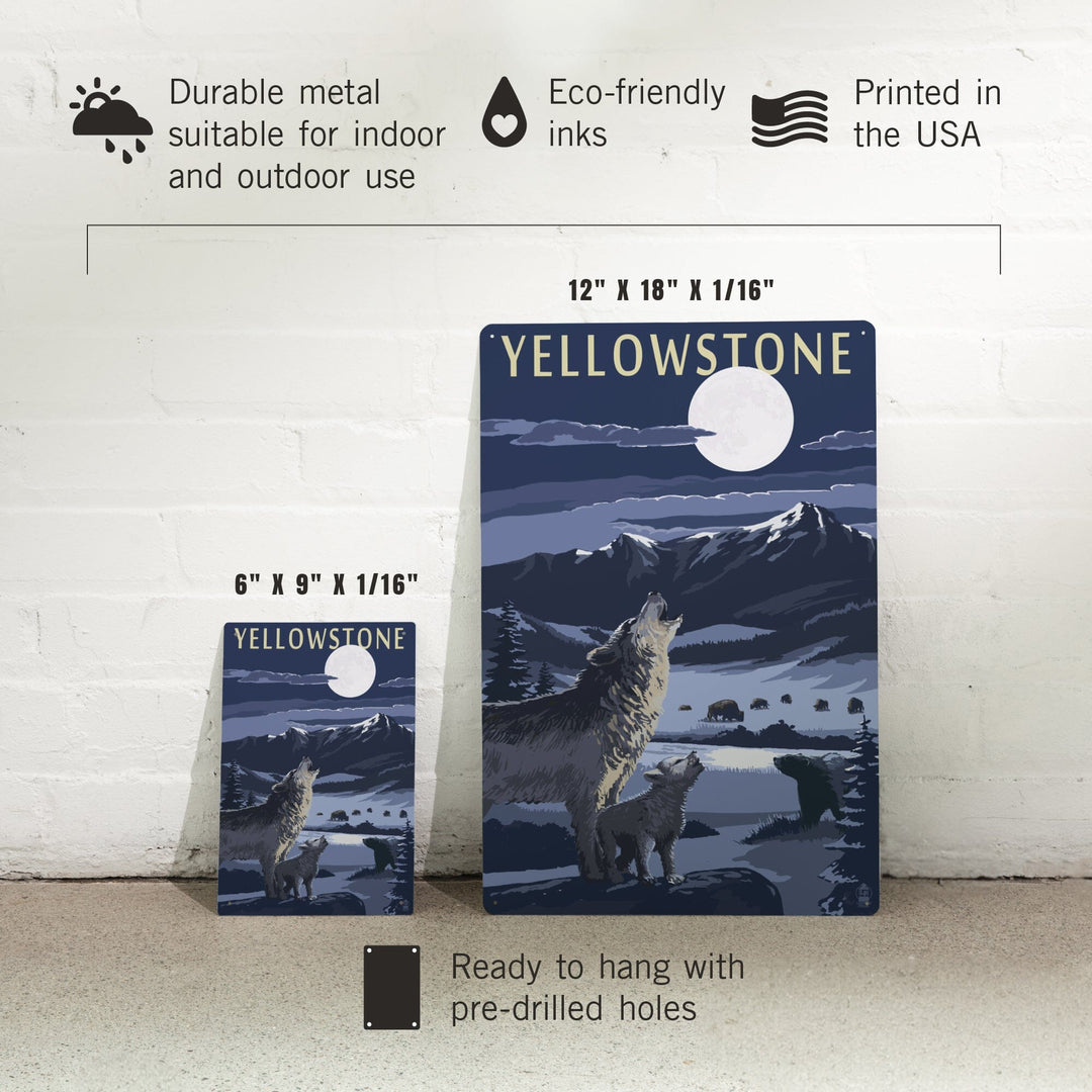 Yellowstone National Park, Wyoming, Wolves and Full Moon, Metal Signs Metal Lantern Press 