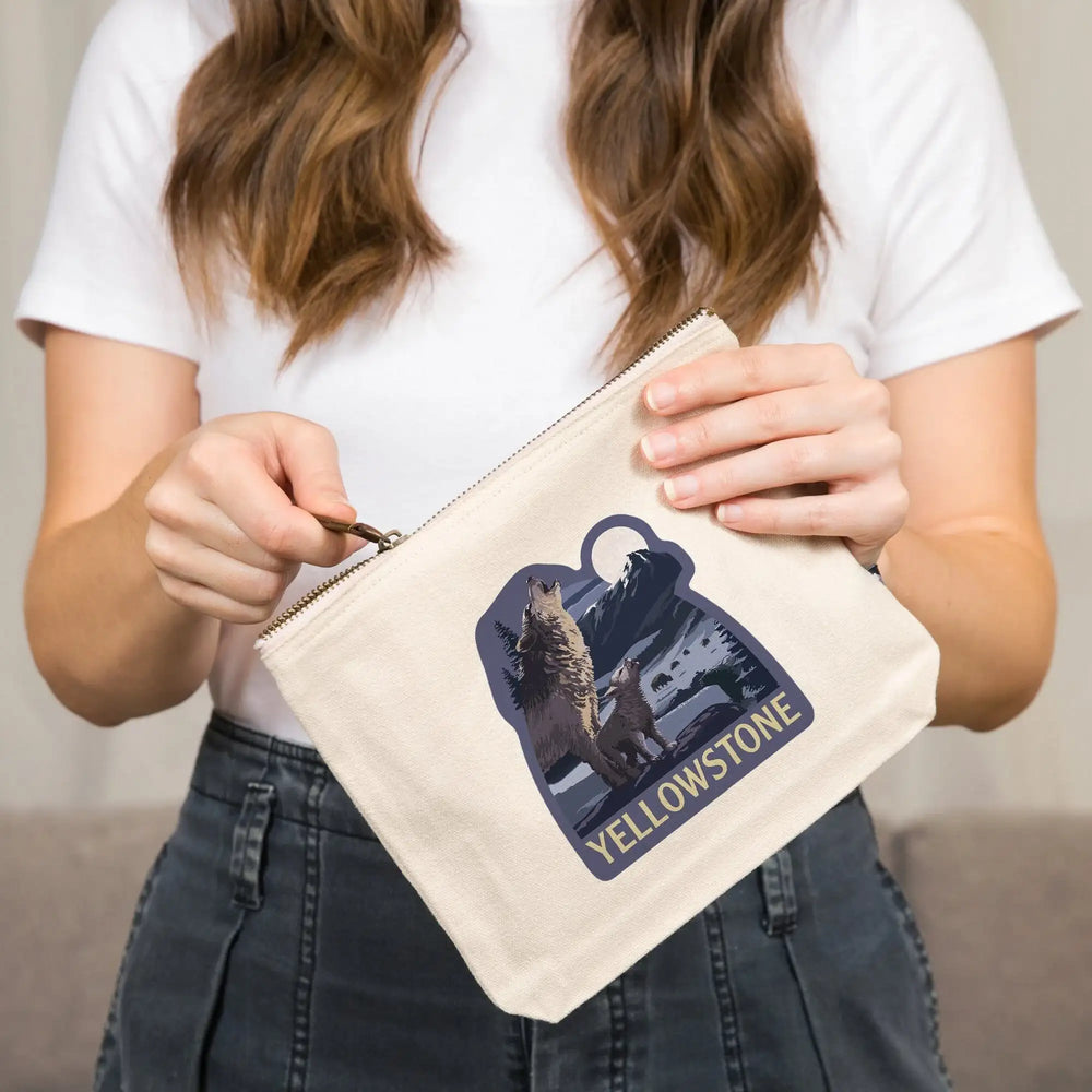 Yellowstone National Park, Wyoming, Wolves and Full Moon,, Organic Cotton Zipper Pouch, Go Bag Go Bag Lantern Press 