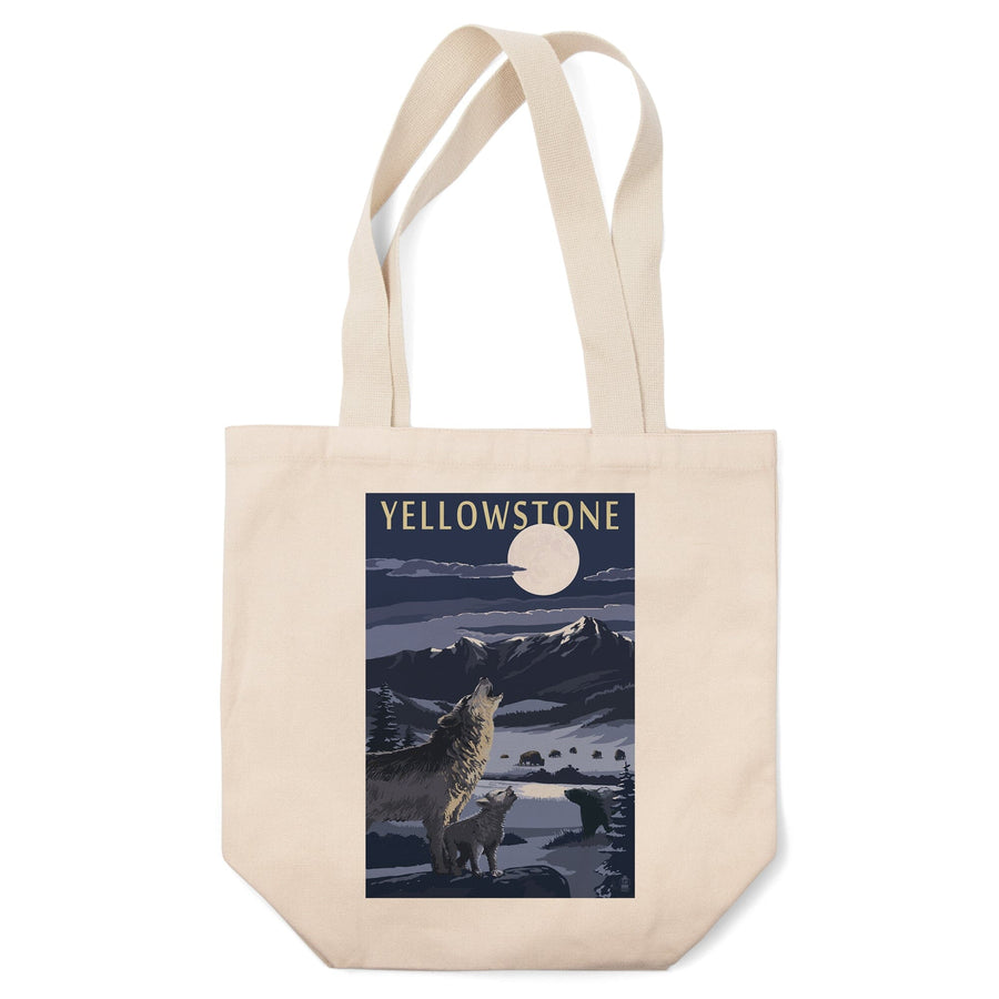 Yellowstone National Park, Wyoming, Wolves and Full Moon, Tote Bag Totes Lantern Press 
