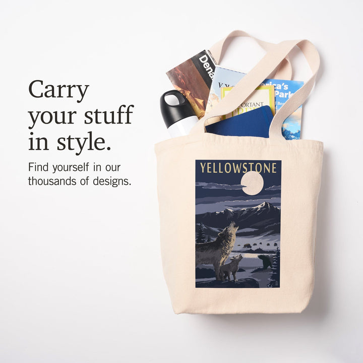 Yellowstone National Park, Wyoming, Wolves and Full Moon, Tote Bag Totes Lantern Press 