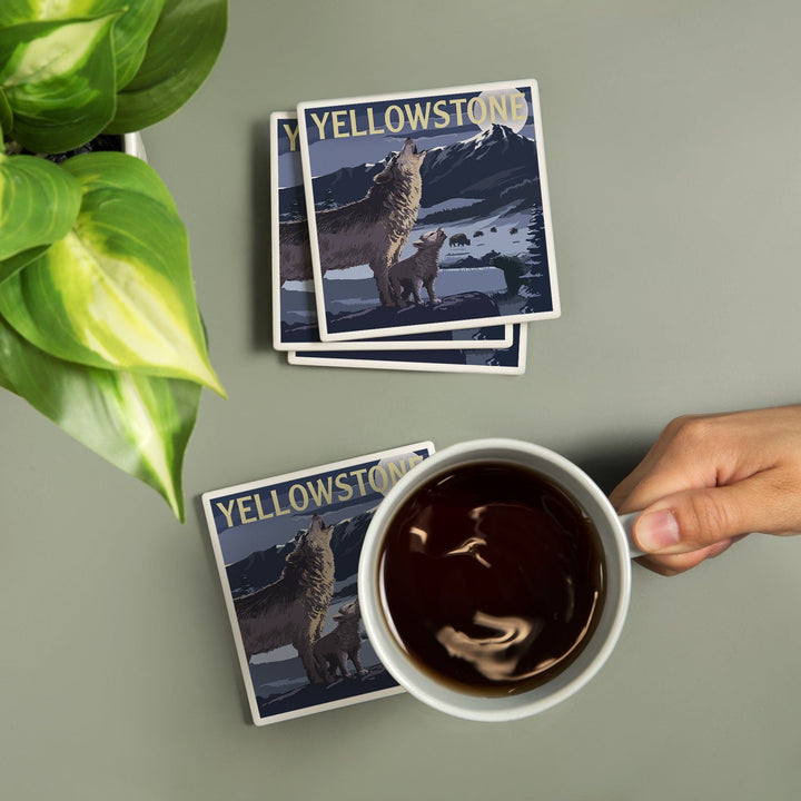 Yellowstone National Park, Wyoming, Wolves & Full Moon, Lantern Press Artwork, Coaster Set Coasters Lantern Press 