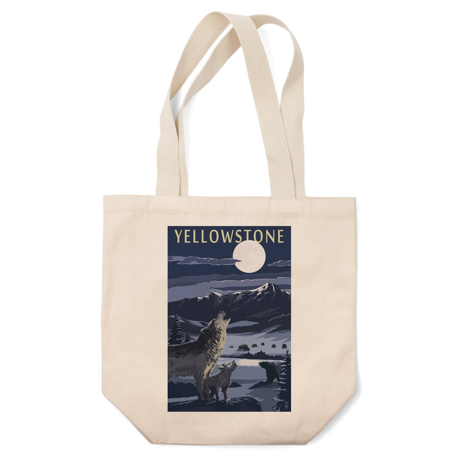 Yellowstone National Park, Wyoming, Wolves & Full Moon, Lantern Press Artwork, Tote Bag Totes Lantern Press 