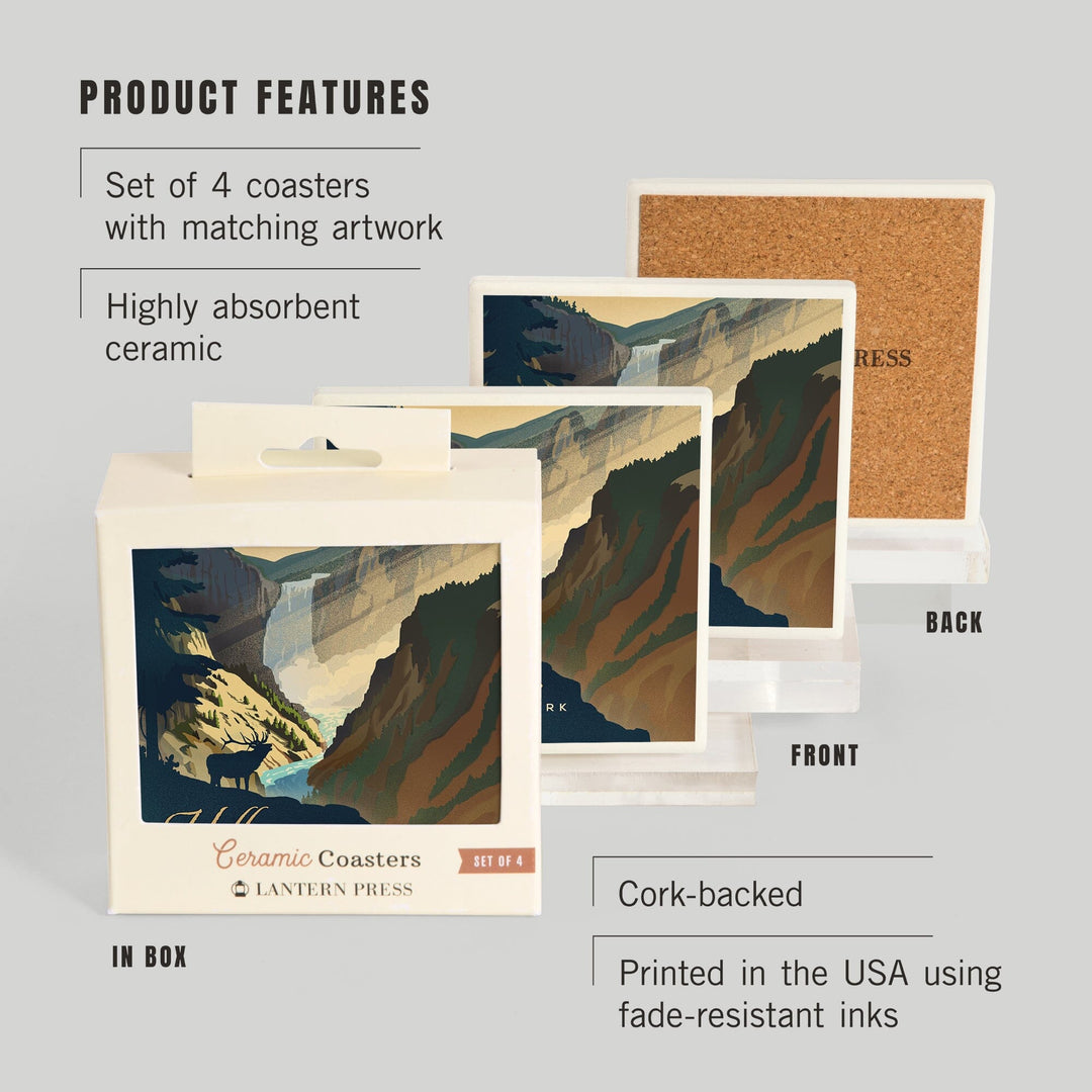 Yellowstone National Park, Wyoming, Yellowstone Falls, Lithograph, Coasters Coasters Lantern Press 