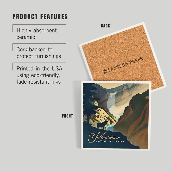 Yellowstone National Park, Wyoming, Yellowstone Falls, Lithograph, Coasters Coasters Lantern Press 