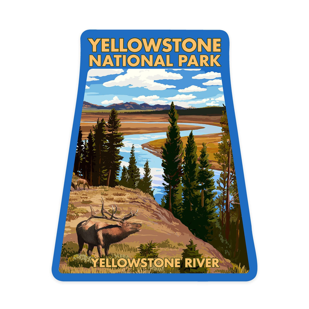 Yellowstone National Park, Wyoming, Yellowstone River and Elk, Contour, Vinyl Sticker Sticker Lantern Press 