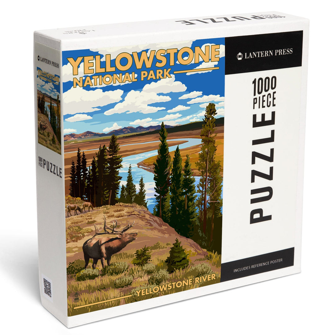 Yellowstone National Park, Wyoming, Yellowstone River and Elk, Jigsaw Puzzle Puzzle Lantern Press 