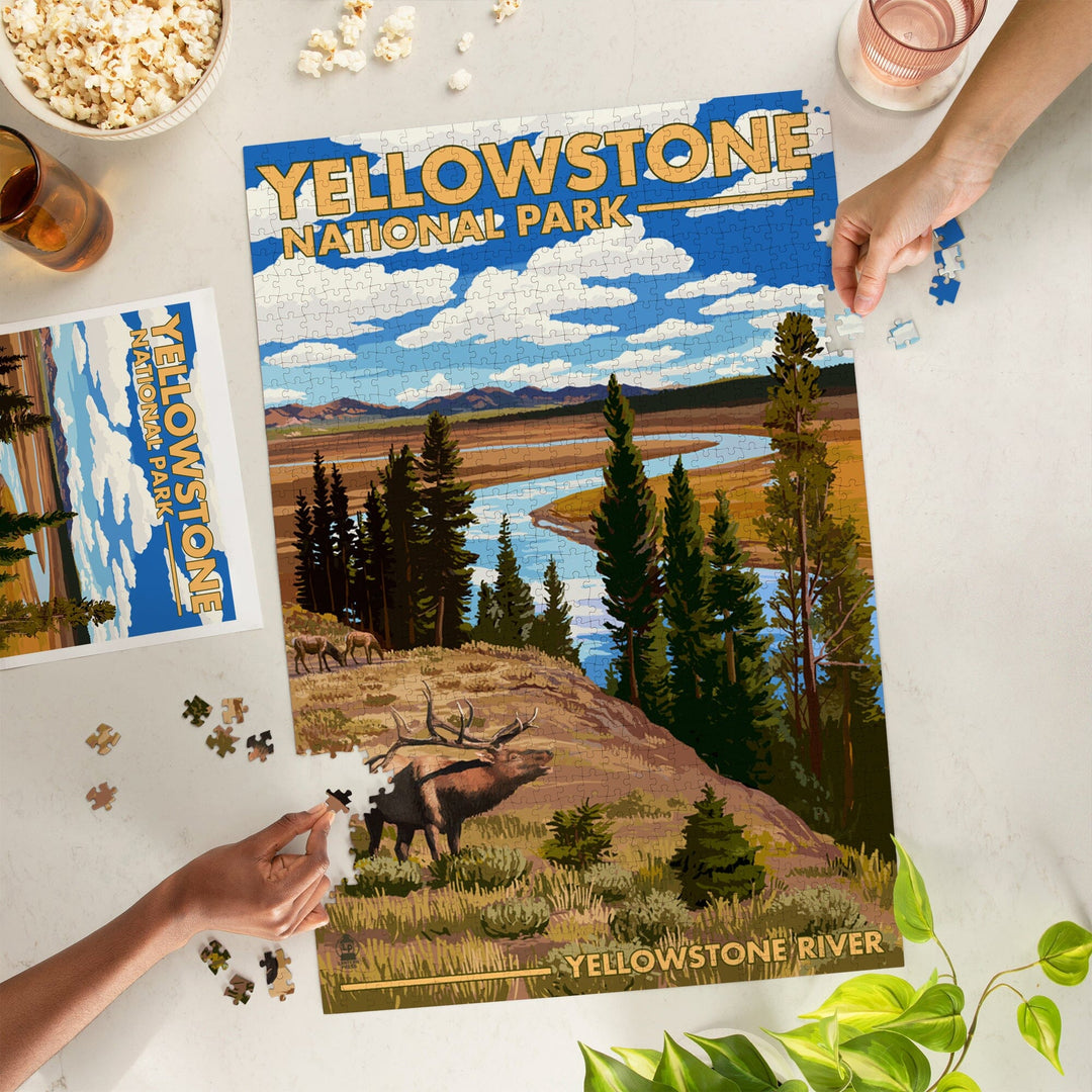 Yellowstone National Park, Wyoming, Yellowstone River and Elk, Jigsaw Puzzle Puzzle Lantern Press 