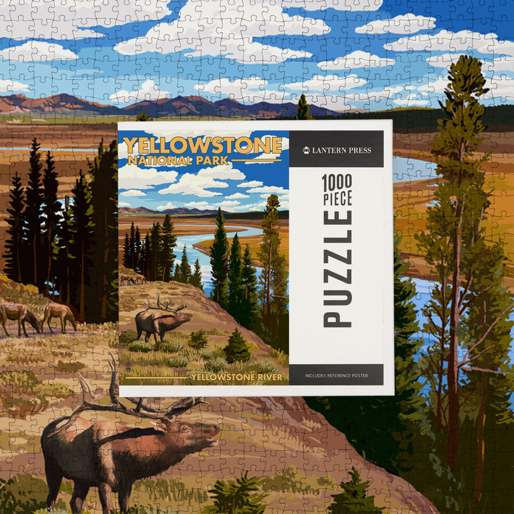 Yellowstone National Park, Wyoming, Yellowstone River and Elk, Jigsaw Puzzle Puzzle Lantern Press 