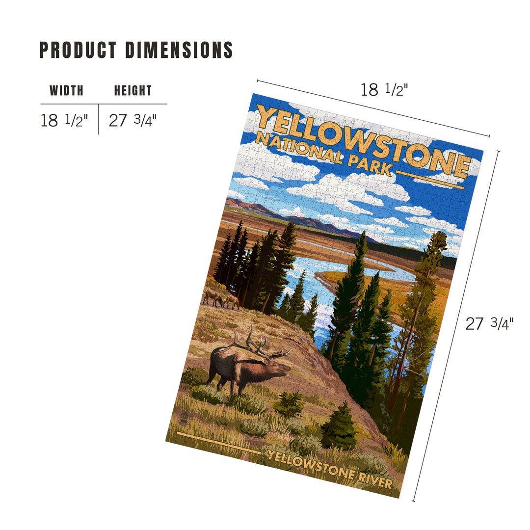 Yellowstone National Park, Wyoming, Yellowstone River and Elk, Jigsaw Puzzle Puzzle Lantern Press 