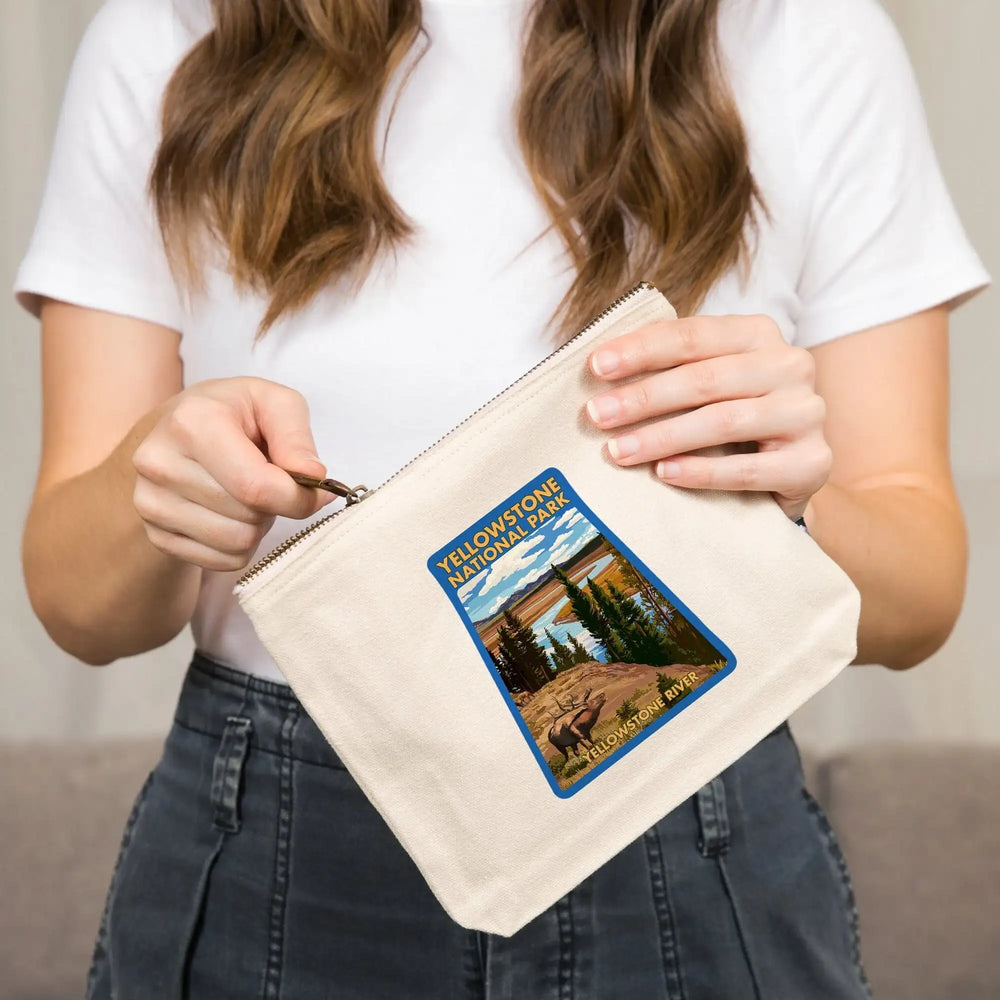 Yellowstone National Park, Wyoming, Yellowstone River and Elk,, Organic Cotton Zipper Pouch, Go Bag Go Bag Lantern Press 