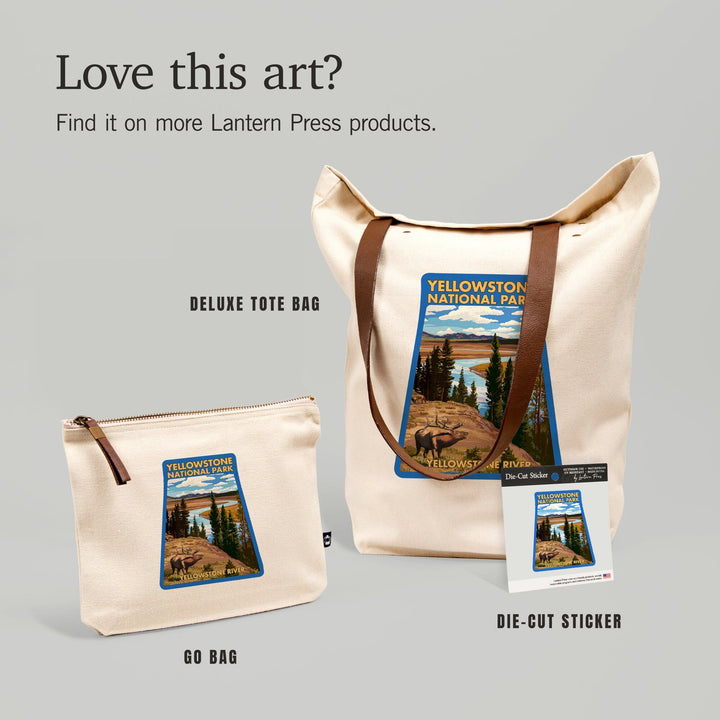 Yellowstone National Park, Wyoming, Yellowstone River and Elk,, Organic Cotton Zipper Pouch, Go Bag Go Bag Lantern Press 