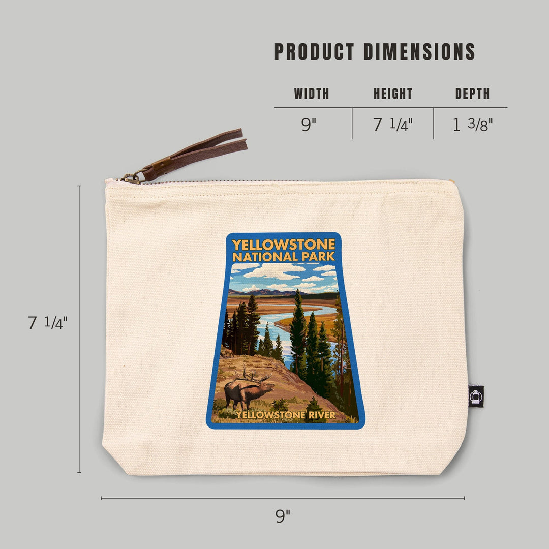 Yellowstone National Park, Wyoming, Yellowstone River and Elk,, Organic Cotton Zipper Pouch, Go Bag Go Bag Lantern Press 