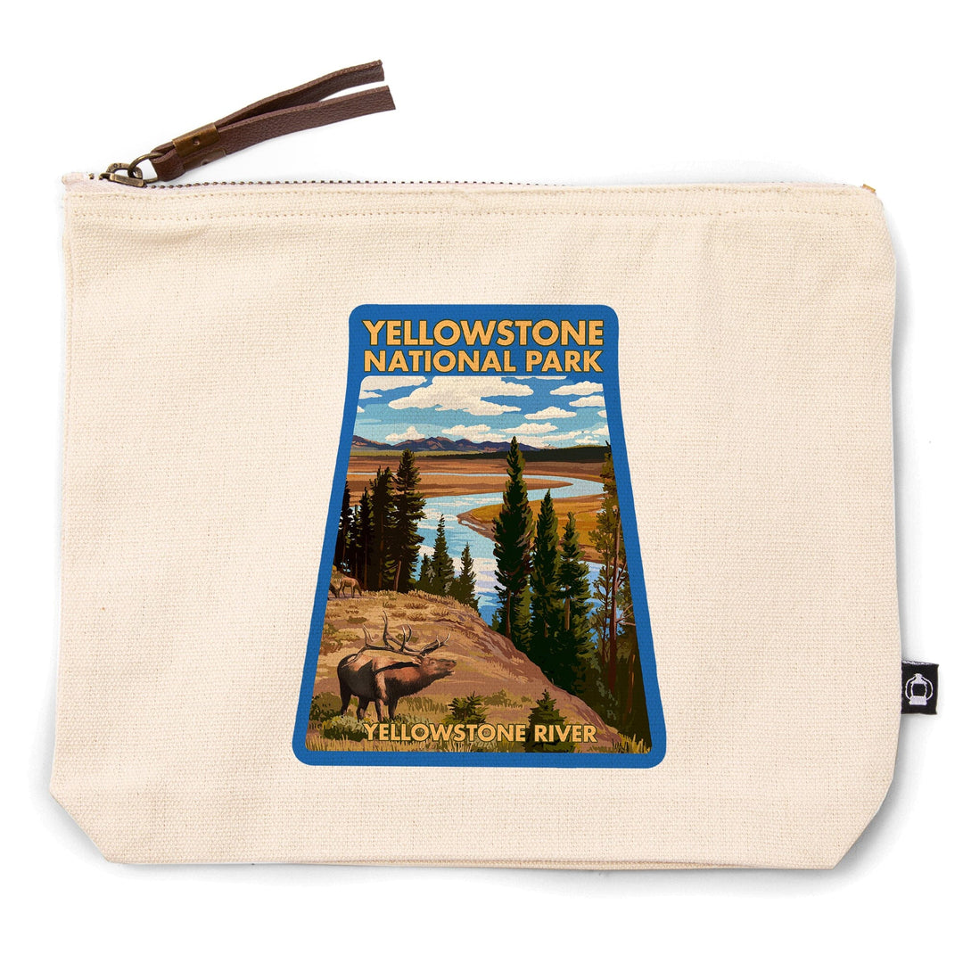 Yellowstone National Park, Wyoming, Yellowstone River and Elk,, Organic Cotton Zipper Pouch, Go Bag Go Bag Lantern Press 