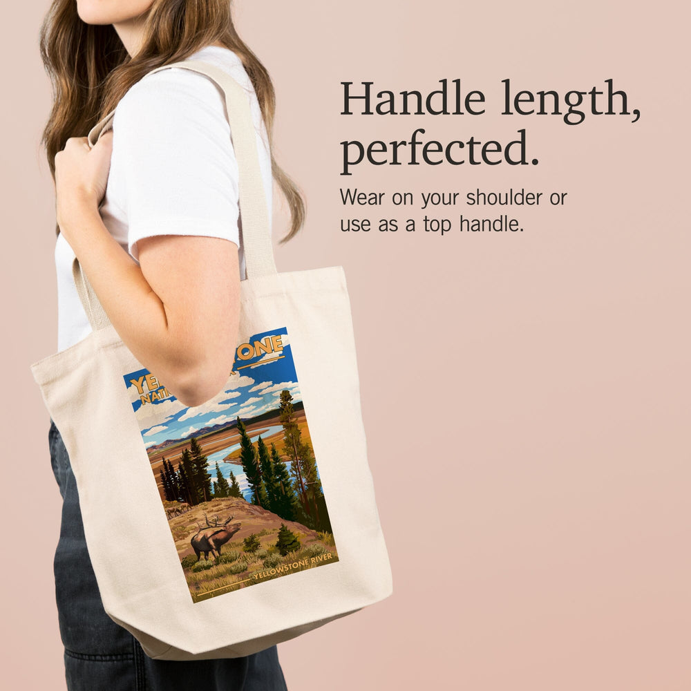 Yellowstone National Park, Wyoming, Yellowstone River and Elk, Tote Bag Totes Lantern Press 