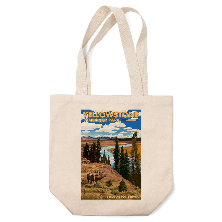 Yellowstone National Park, Wyoming, Yellowstone River & Elk, Lantern Press Artwork, Tote Bag Totes Lantern Press 
