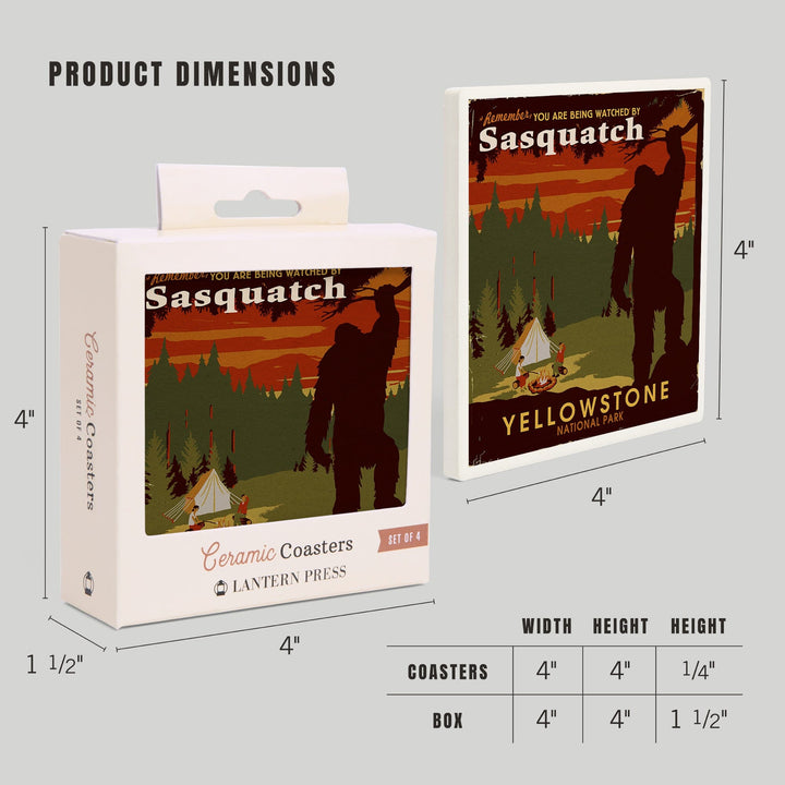 Yellowstone National Park, You Are Being Watched By Sasquatch, Lantern Press Artwork, Coaster Set Coasters Lantern Press 