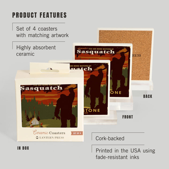 Yellowstone National Park, You Are Being Watched By Sasquatch, Lantern Press Artwork, Coaster Set Coasters Lantern Press 