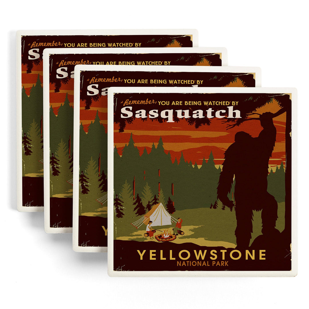 Yellowstone National Park, You Are Being Watched By Sasquatch, Lantern Press Artwork, Coaster Set Coasters Lantern Press 