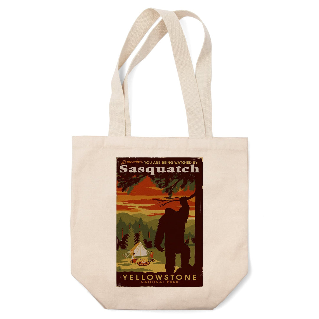 Yellowstone National Park, You Are Being Watched By Sasquatch, Lantern Press Artwork, Tote Bag Totes Lantern Press 