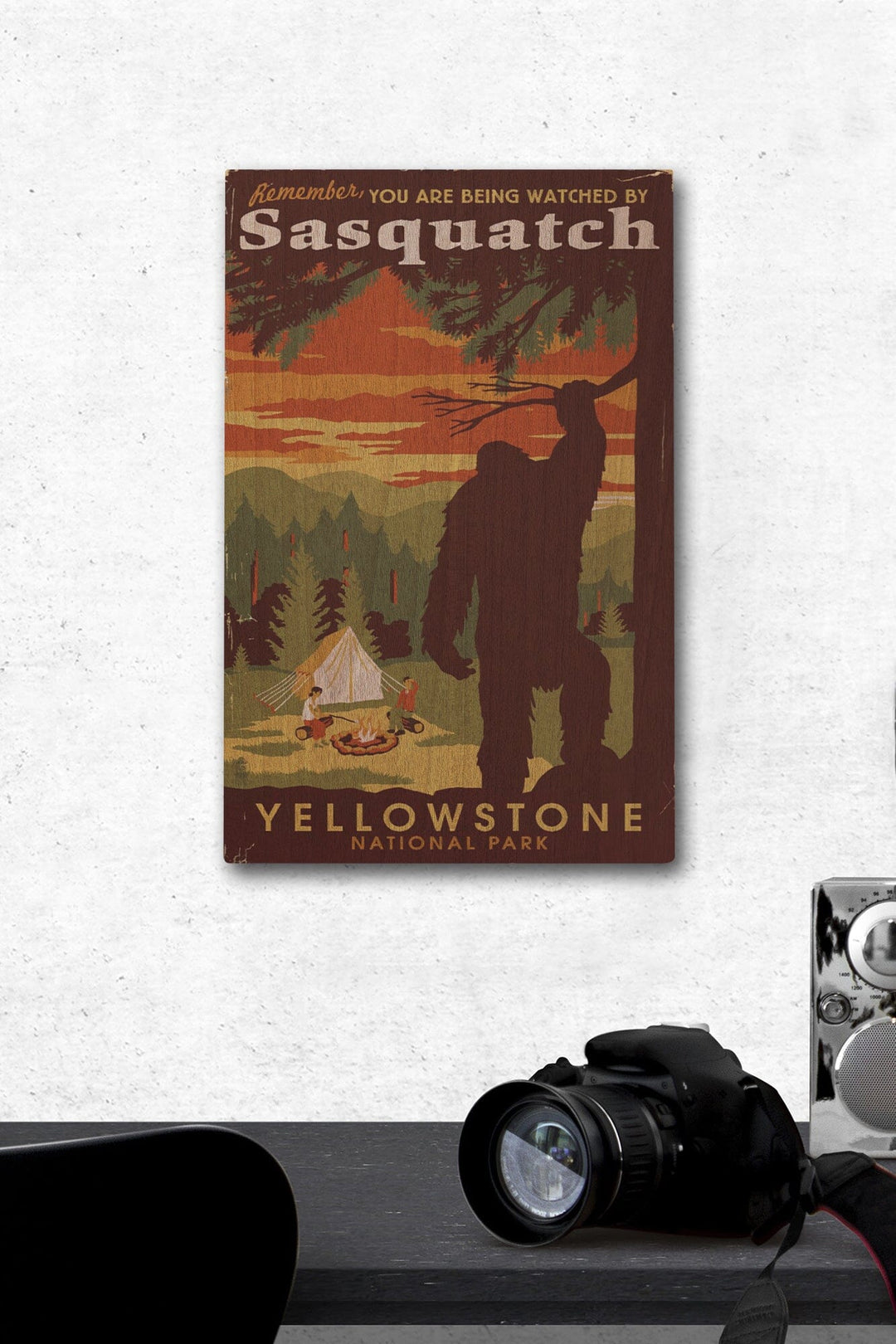 Yellowstone National Park, You Are Being Watched By Sasquatch, Lantern Press Artwork, Wood Signs and Postcards Wood Lantern Press 12 x 18 Wood Gallery Print 