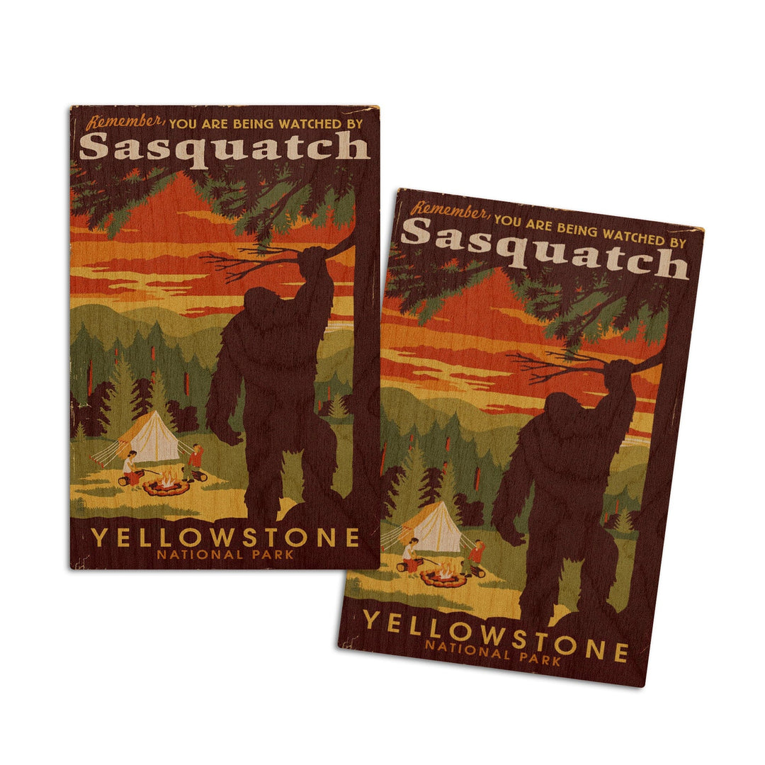 Yellowstone National Park, You Are Being Watched By Sasquatch, Lantern Press Artwork, Wood Signs and Postcards Wood Lantern Press 4x6 Wood Postcard Set 