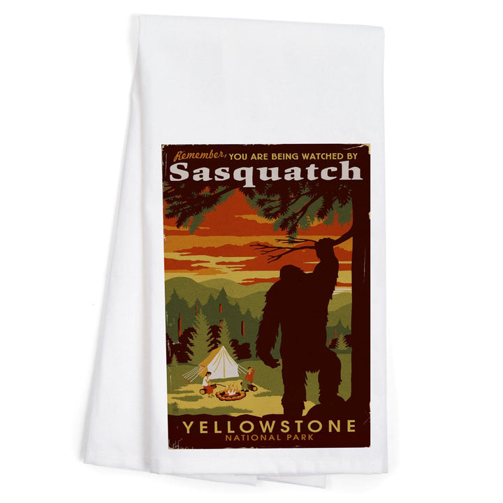 Yellowstone National Park, You Are Being Watched By Sasquatch, Organic Cotton Kitchen Tea Towels Kitchen Lantern Press 
